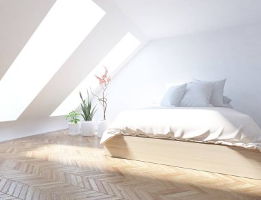 Beyaz minimalist yatak odası. Ahşap zeminde çift kişilik yatak. İç kısımları kuzeyli. 3B illüstrasyon