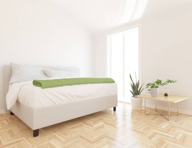 Beyaz minimalist yatak odası. Ahşap zeminde çift kişilik yatak. İç kısımları kuzeyli. 3B illüstrasyon