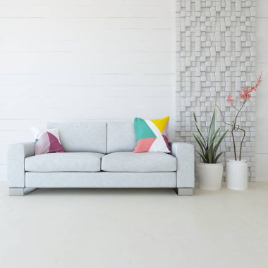Beyaz minimalist oturma odasının içinde, ahşap zeminde kanepe var. İç kısımları kuzeyli. 3B illüstrasyon