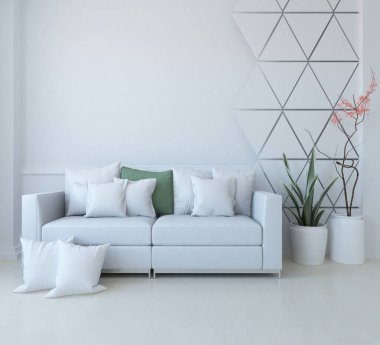 Beyaz minimalist oturma odasının içinde, ahşap zeminde kanepe var. İç kısımları kuzeyli. 3B illüstrasyon