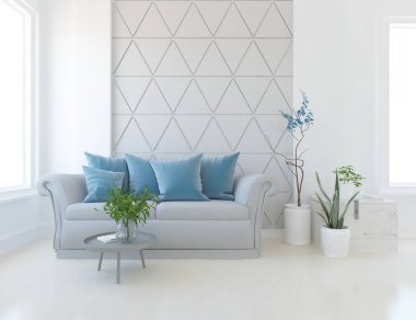 Minimalist bir oda ve kanepe. İç kısımları kuzeyli. 3B illüstrasyon