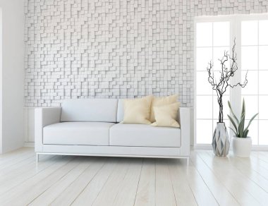 Beyaz minimalist oturma odasının içinde, ahşap zeminde kanepe var. İç kısımları kuzeyli. 3B illüstrasyon