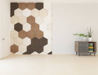 Dekoratif unsurlarla dolu boş bir İskandinav odası fikri. İç kısımları kuzeyli. 3B illüstrasyon 