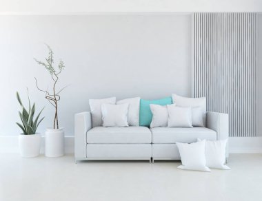 Beyaz minimalist oturma odasının içinde, ahşap zeminde kanepe var. İç kısımları kuzeyli. 3B illüstrasyon