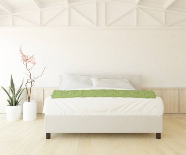 Beyaz minimalist yatak odası. Ahşap zeminde çift kişilik yatak. İç kısımları kuzeyli. 3B illüstrasyon