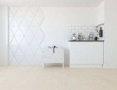 İskandinav odasının mutfağın içinde olması fikri. İç kısımları kuzeyli. 3B illüstrasyon 