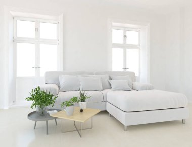 Beyaz minimalist oturma odasının içinde, ahşap zeminde kanepe var. İç kısımları kuzeyli. 3B illüstrasyon