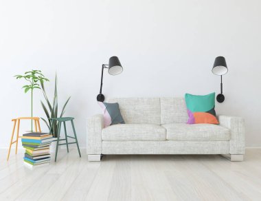Beyaz minimalist oturma odasının içinde, ahşap zeminde kanepe var. İç kısımları kuzeyli. 3B illüstrasyon