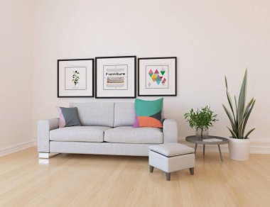 Beyaz minimalist oturma odasının içinde, ahşap zeminde kanepe var. İç kısımları kuzeyli. 3B illüstrasyon