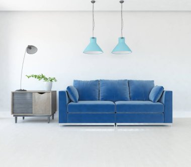 Beyaz minimalist oturma odasının içinde, ahşap zeminde kanepe var. İç kısımları kuzeyli. 3B illüstrasyon