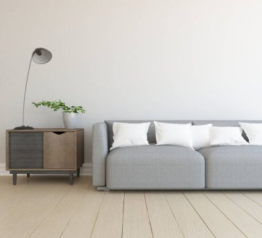 Beyaz minimalist oturma odasının içinde, ahşap zeminde kanepe var. İç kısımları kuzeyli. 3B illüstrasyon