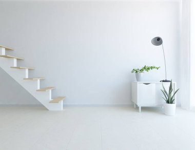 Ev bitkileriyle dolu boş bir İskandinav odası fikri. İç kısımları kuzeyli. 3B illüstrasyon 