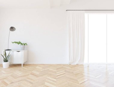 Ev bitkileriyle dolu boş bir İskandinav odası fikri. İç kısımları kuzeyli. 3B illüstrasyon 