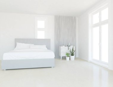 Beyaz minimalist yatak odası. Ahşap zeminde çift kişilik yatak. İç kısımları kuzeyli. 3B illüstrasyon