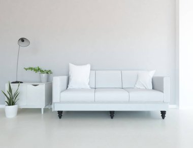 Beyaz minimalist oturma odasının içinde, ahşap zeminde kanepe var. İç kısımları kuzeyli. 3B illüstrasyon