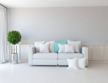 Beyaz minimalist oturma odasının içinde, ahşap zeminde kanepe var. İç kısımları kuzeyli. 3B illüstrasyon