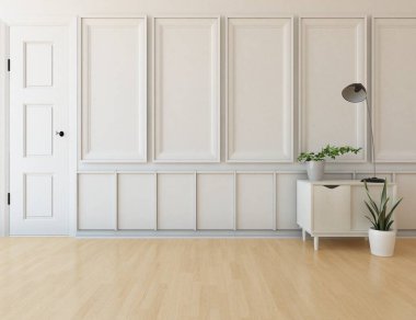 Ev bitkileriyle dolu boş bir İskandinav odası fikri. İç kısımları kuzeyli. 3B illüstrasyon 