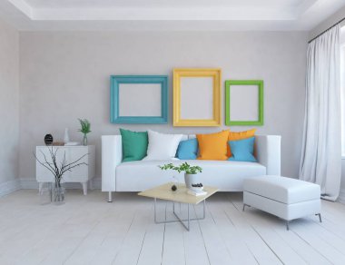 Minimalist bir oda ve kanepe. İç kısımları kuzeyli. 3B illüstrasyon
