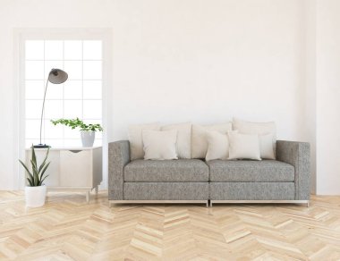 Beyaz minimalist oturma odasının içinde, ahşap zeminde kanepe var. İç kısımları kuzeyli. 3B illüstrasyon