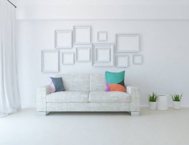 Beyaz minimalist oturma odasının içinde, ahşap zeminde kanepe var. İç kısımları kuzeyli. 3B illüstrasyon