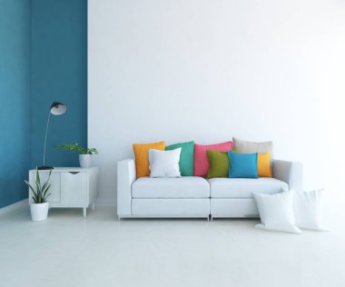 Beyaz minimalist oturma odasının içinde, ahşap zeminde kanepe var. İç kısımları kuzeyli. 3B illüstrasyon