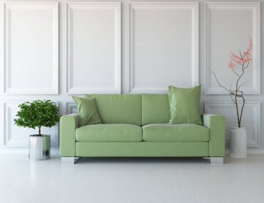 Beyaz minimalist oturma odasının içinde, ahşap zeminde kanepe var. İç kısımları kuzeyli. 3B illüstrasyon