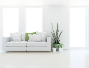 Beyaz minimalist oturma odasının içinde, ahşap zeminde kanepe var. İç kısımları kuzeyli. 3B illüstrasyon