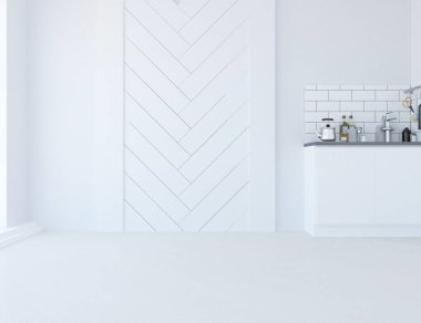 Beyaz minimalist mutfak odası. Ahşap zeminde yemek mobilyası var. İç kısımları kuzeyli. 3B illüstrasyon