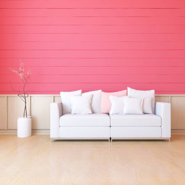 Minimalist bir oturma odası ve ahşap zeminde bir kanepe. İç kısımları kuzeyli. 3B illüstrasyon