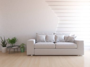 Beyaz minimalist oturma odasının içinde, ahşap zeminde kanepe var. İç kısımları kuzeyli. 3B illüstrasyon