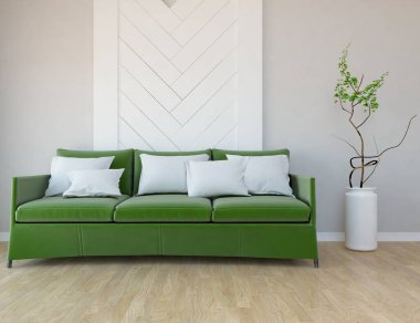 Beyaz minimalist oturma odasının içinde, ahşap zeminde kanepe var. İç kısımları kuzeyli. 3B illüstrasyon