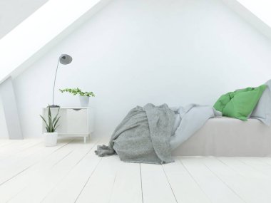 Dekoratif unsurlarla dolu boş bir İskandinav odası fikri. İç kısımları kuzeyli. 3B illüstrasyon 