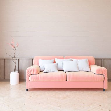 Pembe minimalist oturma odasının içinde ahşap bir zeminde kanepe var. İç kısımları kuzeyli. 3B illüstrasyon