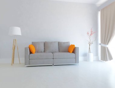 Beyaz minimalist oturma odasının içinde, ahşap zeminde kanepe var. İç kısımları kuzeyli. 3B illüstrasyon