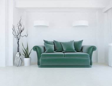 Beyaz minimalist oturma odasının içinde, ahşap zeminde kanepe var. İç kısımları kuzeyli. 3B illüstrasyon