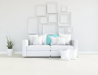 Beyaz minimalist oturma odasının içinde, ahşap zeminde kanepe var. İç kısımları kuzeyli. 3B illüstrasyon