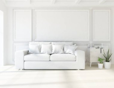 Beyaz minimalist oturma odasının içinde, ahşap zeminde kanepe var. İç kısımları kuzeyli. 3B illüstrasyon