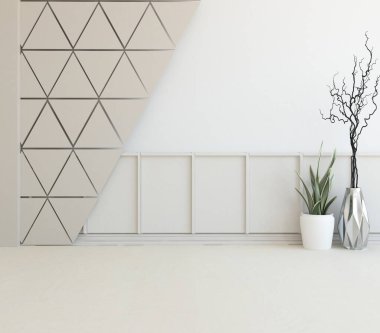 Ev bitkileriyle dolu boş bir İskandinav odası fikri. İç kısımları kuzeyli. 3B illüstrasyon 