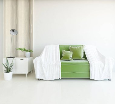 Beyaz minimalist oturma odasının içinde, ahşap zeminde kanepe var. İç kısımları kuzeyli. 3B illüstrasyon