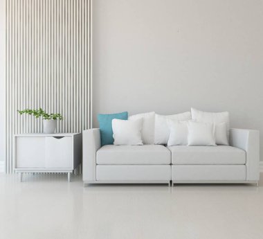 Beyaz minimalist oturma odasının içinde, ahşap zeminde kanepe var. İç kısımları kuzeyli. 3B illüstrasyon