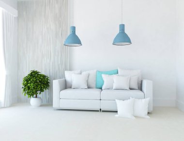 Beyaz minimalist oturma odasının içinde, ahşap zeminde kanepe var. İç kısımları kuzeyli. 3B illüstrasyon