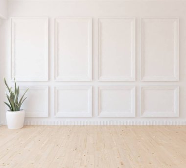 Dekoratif unsurlarla dolu boş bir İskandinav odası fikri. İç kısımları kuzeyli. 3B illüstrasyon 