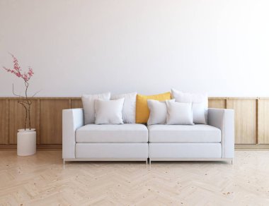Beyaz minimalist oturma odasının içinde, ahşap zeminde kanepe var. İç kısımları kuzeyli. 3B illüstrasyon