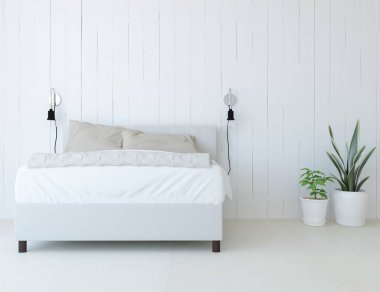 Beyaz minimalist yatak odası. Ahşap zeminde çift kişilik yatak. İç kısımları kuzeyli. 3B illüstrasyon