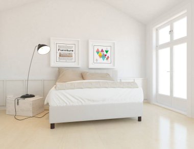 Beyaz minimalist yatak odası. Ahşap zeminde çift kişilik yatak. İç kısımları kuzeyli. 3B illüstrasyon