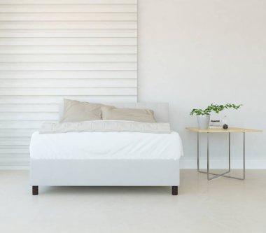 Beyaz minimalist yatak odası. Ahşap zeminde çift kişilik yatak. İç kısımları kuzeyli. 3B illüstrasyon