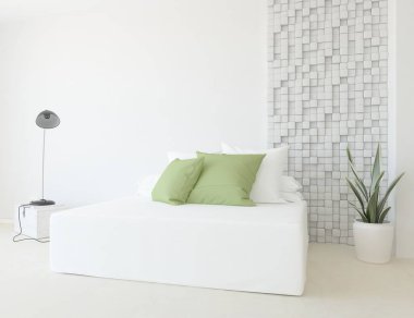 Beyaz minimalist oturma odasının içinde, ahşap zeminde kanepe var. İç kısımları kuzeyli. 3B illüstrasyon