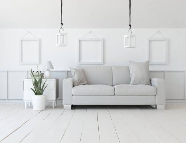 Beyaz minimalist oturma odasının içinde, ahşap zeminde kanepe var. İç kısımları kuzeyli. 3B illüstrasyon
