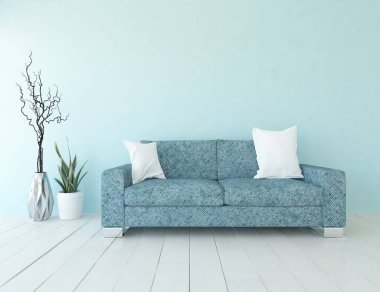 Mavi minimalist bir oturma odası ve ahşap zeminde bir kanepe. İç kısımları kuzeyli. 3B illüstrasyon