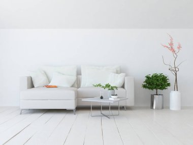 Beyaz minimalist oturma odasının içinde, ahşap zeminde kanepe var. İç kısımları kuzeyli. 3B illüstrasyon